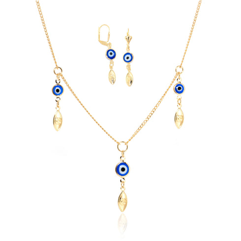 Set of Necklace and Earrings of Dangling Blue Turkish Evil Eye Charms, embellished with gold accents for added spiritual protection.